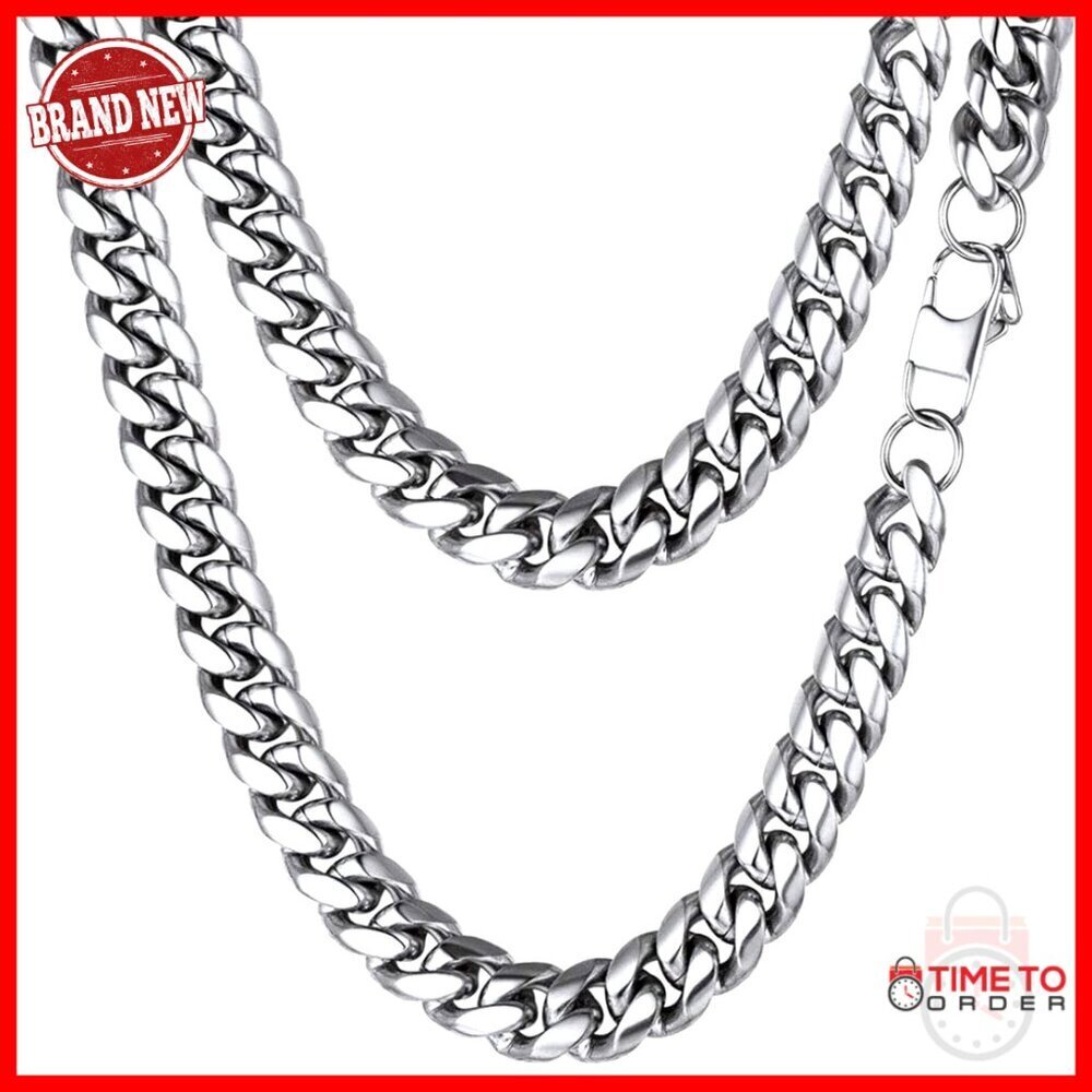 Stainless Steel Figaro Cuban Chain Necklace 20 Inch 14mm Lobster Clasp